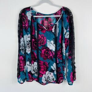 White House Black Market Top Small Floral Lace Long Sleeve Sheer Blouse